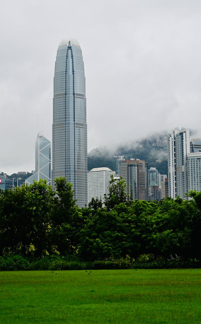 About View of Hong Kong's skyline featuring tall skyscrapers amidst lush greenery under a cloudy sky.